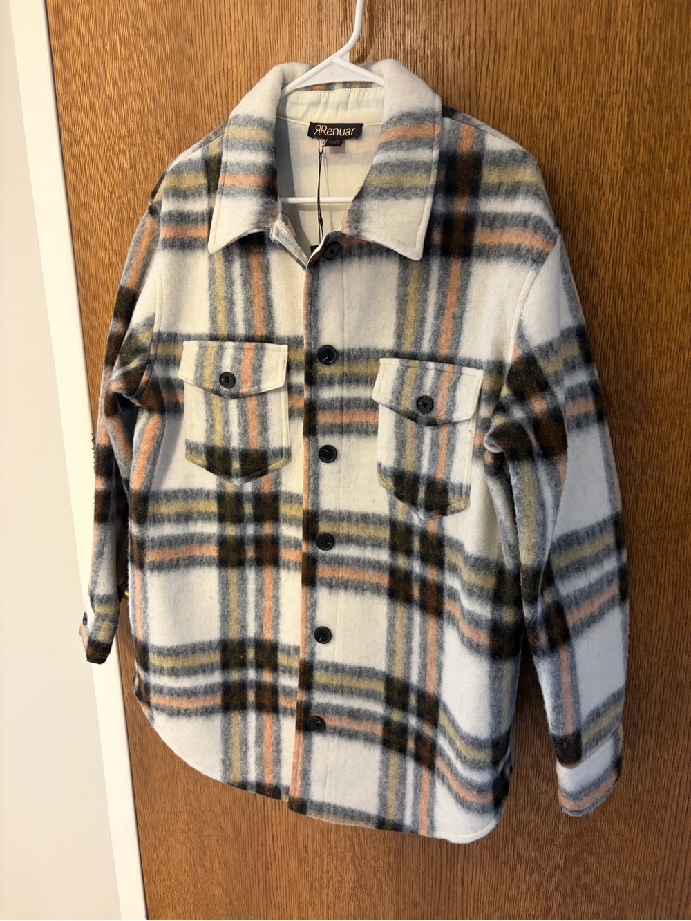 Renuar Women’s Plaid Button-Up Shacket in Cream, Olive & Gray